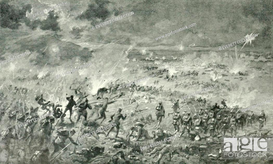 Stock Photo: Battle of Liaoyang, a major land battle of the Russo-Japanese War, began on August 27, 1904. Japanese soldiers are shown charging into Russian ranks forcing.