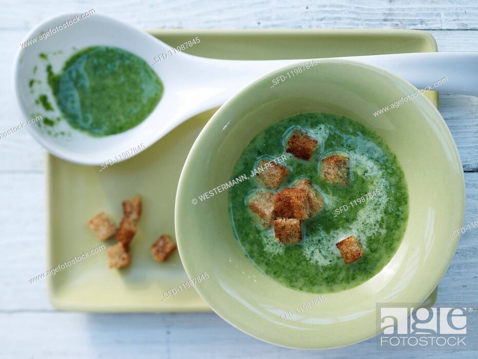Stock Photo: Spinach with croutons and ginger.