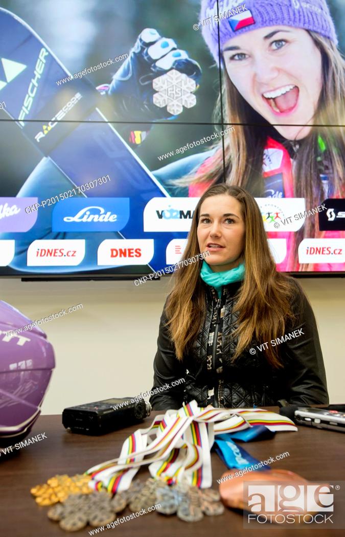 Stock Photo: Czech skier Sarka Strachova who won the third place in the women's slalom competition at the Alpine skiing world championships February 14 in Beaver Creek shows.