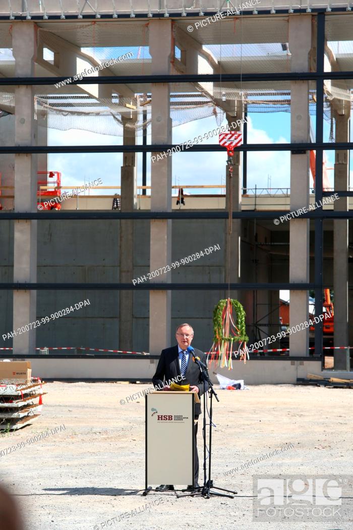 Stock Photo: 23 July 2020, Saxony-Anhalt, Wernigerode: HSB Managing Director Matthias Wagner speaks at the topping-out ceremony in Wernigerode.