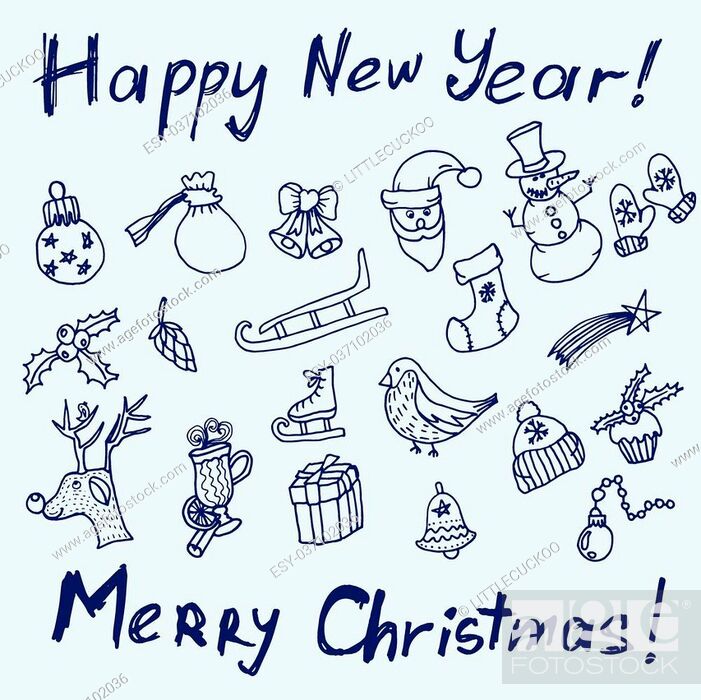 Hand drawn Sketch design of happy new year Doodles with Lettering set with  Christmas trees snowflakes snowman elf deer Santa Claus and festive  elements Vector Illustration on chalkboard 2425667 Vector Art at