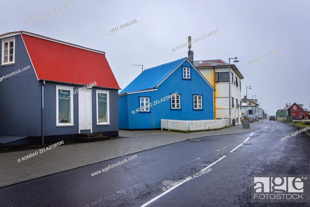 Stock Photo: Traditional houses in Eyrarbakki fishing village on the south coast of Iceland.