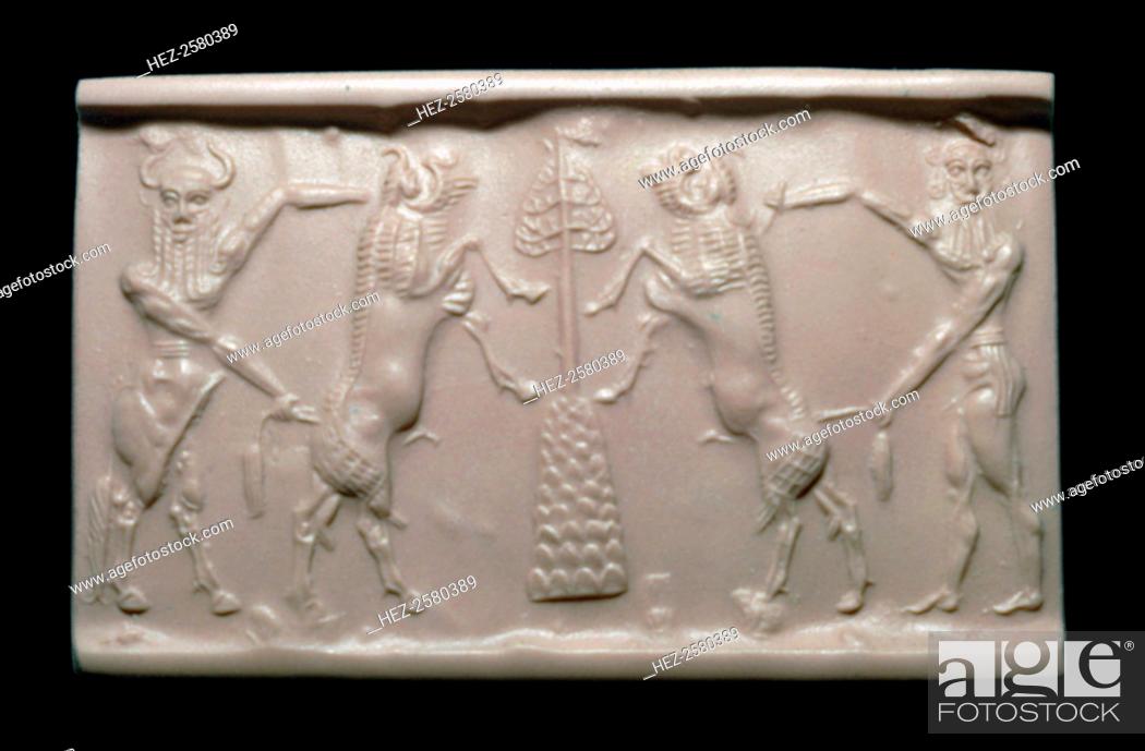 Stock Photo: Akkadian cylinder-seal impression of a bull-man and hero. Each is holding a bull by the horns, and in the centre is a stylised mountain with a sacred tree on.