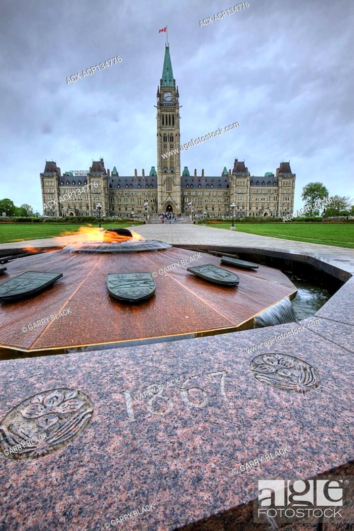 Stock Photo: Centennial Flame and Parliament Building, Parliament Hill, Ottawa, Ontario, Canada.