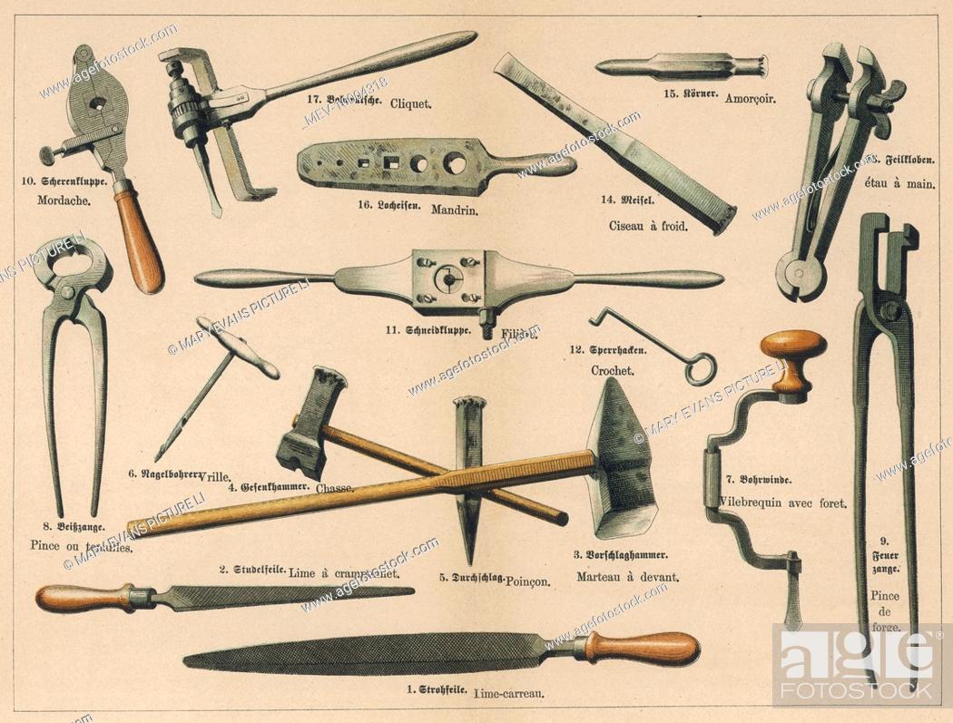 A range of tools used by a blacksmith or ironsmith, including pincers, a  hook, files, Stock Photo, Picture And Rights Managed Image. Pic.  MEV-10004318 | agefotostock