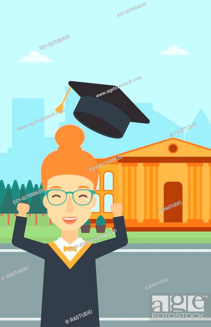 Stock Vector: A happy woman throwing up her hat on the background of educational building vector flat design illustration. Vertical layout.