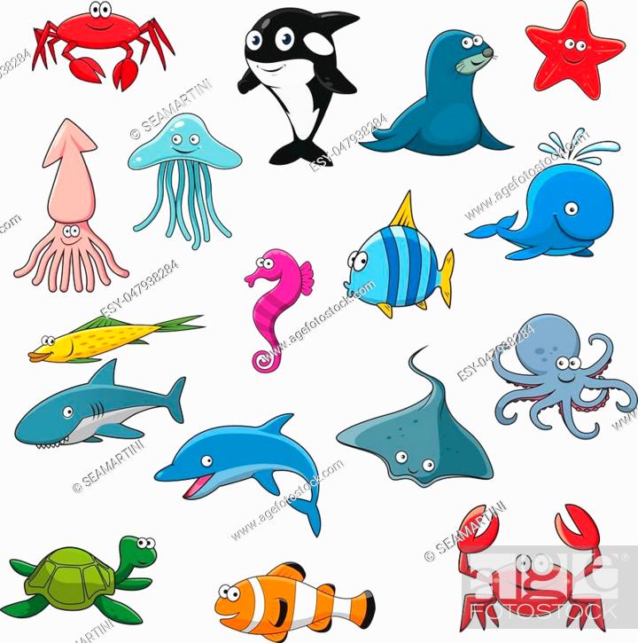 Sea life or cartoon underwater animal isolated. Smiling sea fish and ocean  octopus, Stock Vector, Vector And Low Budget Royalty Free Image. Pic.  ESY-047938284 | agefotostock
