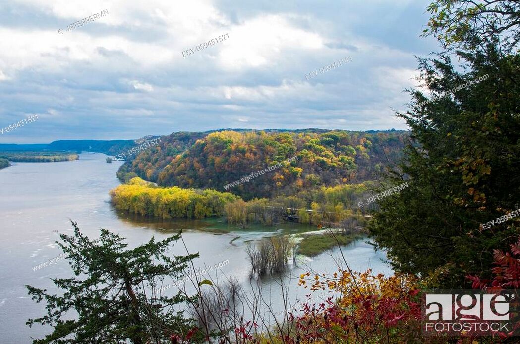 Stock Photo: above mississippi river and woodlands during autumn from effigy mounds national monument in iowa.