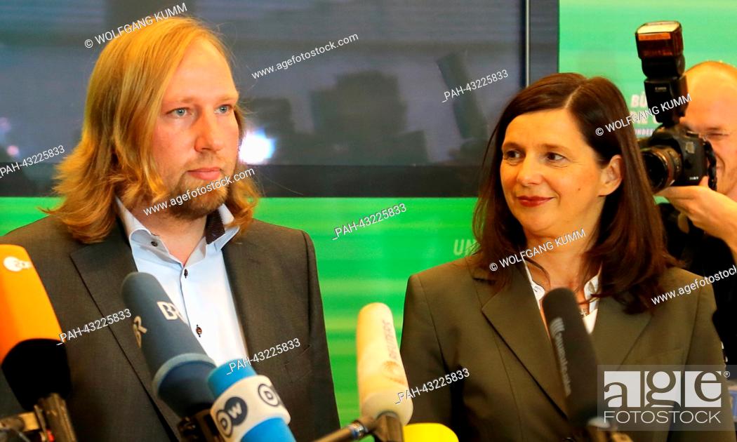 Stock Photo: the new chairmen of the parliamentary group of the German party The Greens Katrin Goering-Eckardt and Anton Hofreiter give interviews after their election in.