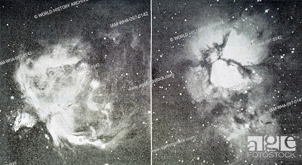 Stock Photo: Left: the great nebula in Orion and Right: The Trifid Nebula of Sagittarius. from an article called 'Dualistic Theory of Cosmogony' A New Explanation of the.