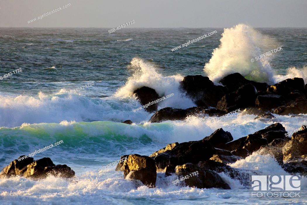 Stock Photo: United Kingdom, Cornwall, St Ives, Rough seas off Porthmeor beach in evening sun.