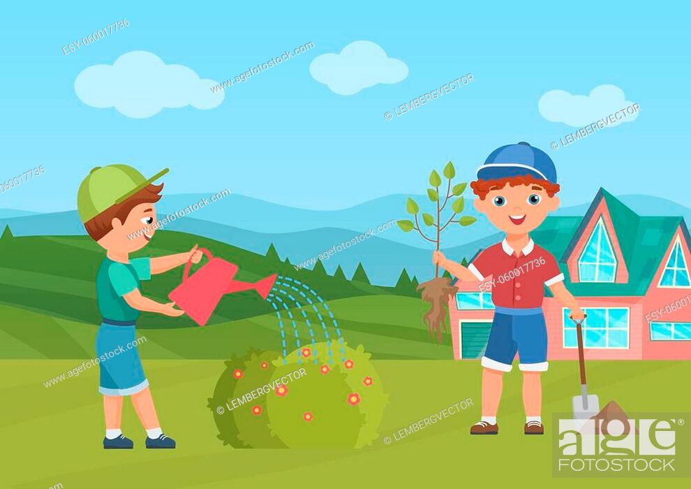 Happy children water plants in summer green garden or park vector  illustration, Stock Vector, Vector And Low Budget Royalty Free Image. Pic.  ESY-060017736 | agefotostock