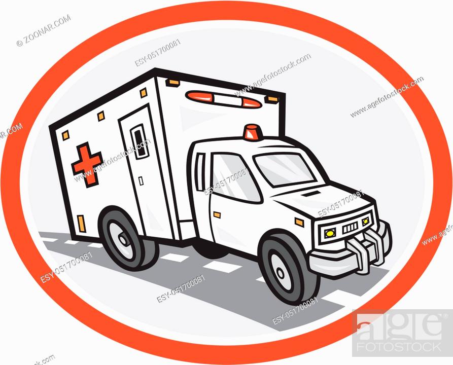 Stock Photo: Illustration of an ambulance emergency vehicle traveling on road set inside oval shape on isolated background done in cartoon style.