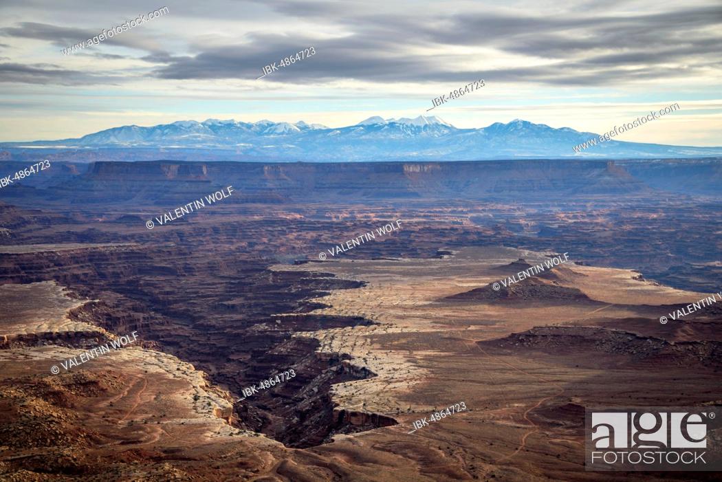 Stock Photo: View from Grand View Point Overlook to erosion landscape, rock formations, Monument Basin, White Rim, back mountain range La Sal Mountains, La Sal Range.