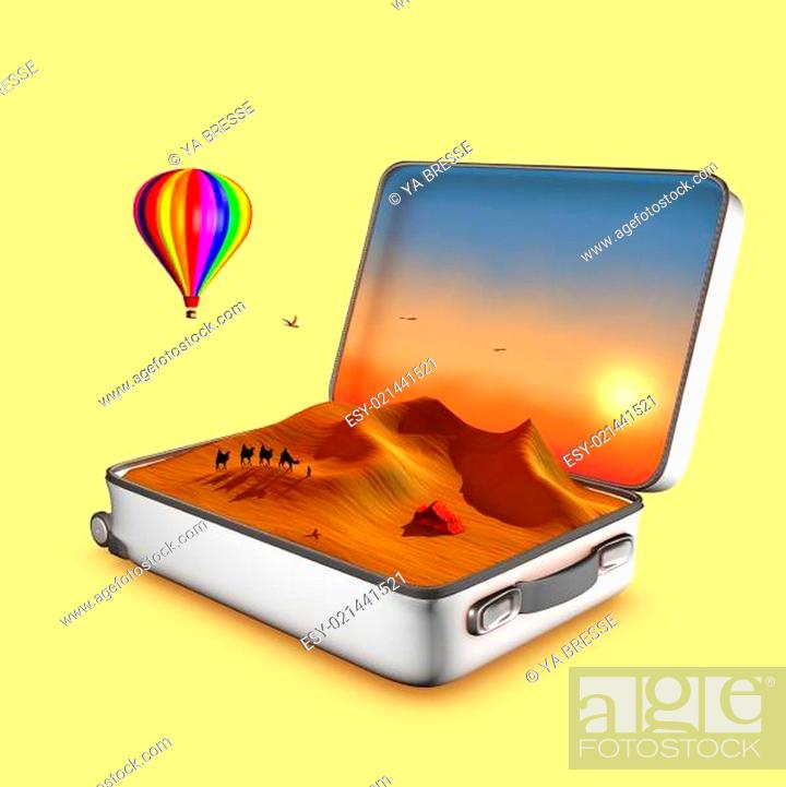 Stock Photo: Open suitcase that shows dunes, touareg tent, camels, a hot air balloon and a sunset.This is an invitation to travel. 3D illustration concept.