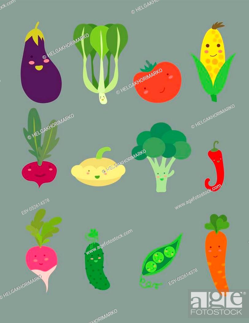 Cute cartoon vegetables isolated on gray background. Funny vegetable faces,  Stock Vector, Vector And Low Budget Royalty Free Image. Pic. ESY-052614378  | agefotostock