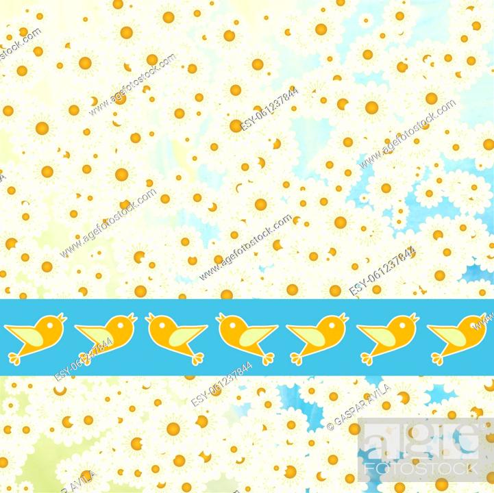 Stock Vector: Simple row of birds with small daisies on the background.