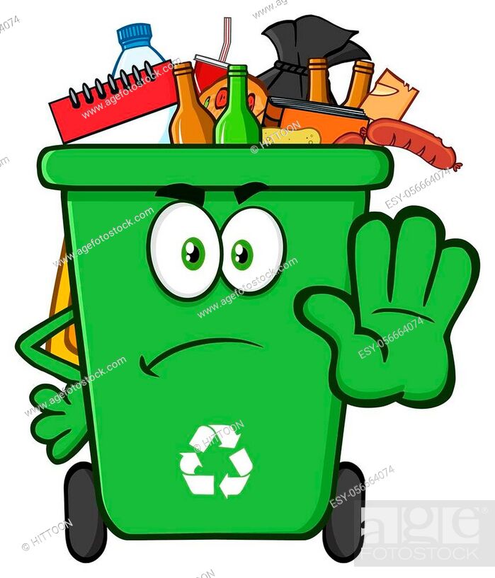 Angry Green Recycle Bin Cartoon Mascot Character Full With Garbage  Gesturing Stop, Stock Vector, Vector And Low Budget Royalty Free Image.  Pic. ESY-056664074 | agefotostock