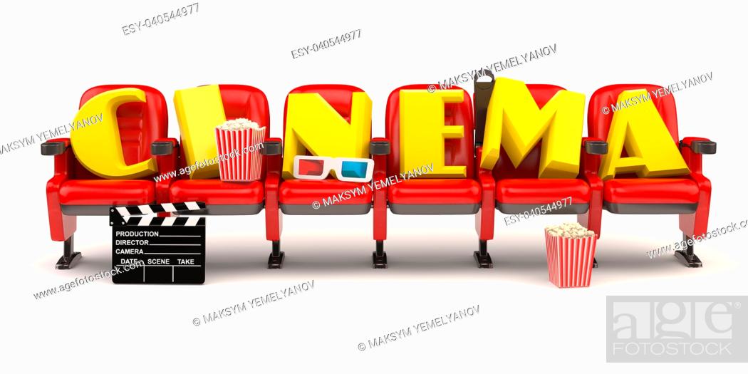 Imagen: Cinema, movie or video concept. Row of seats with popcorm, glasses and clapper board isolated on white. 3d.