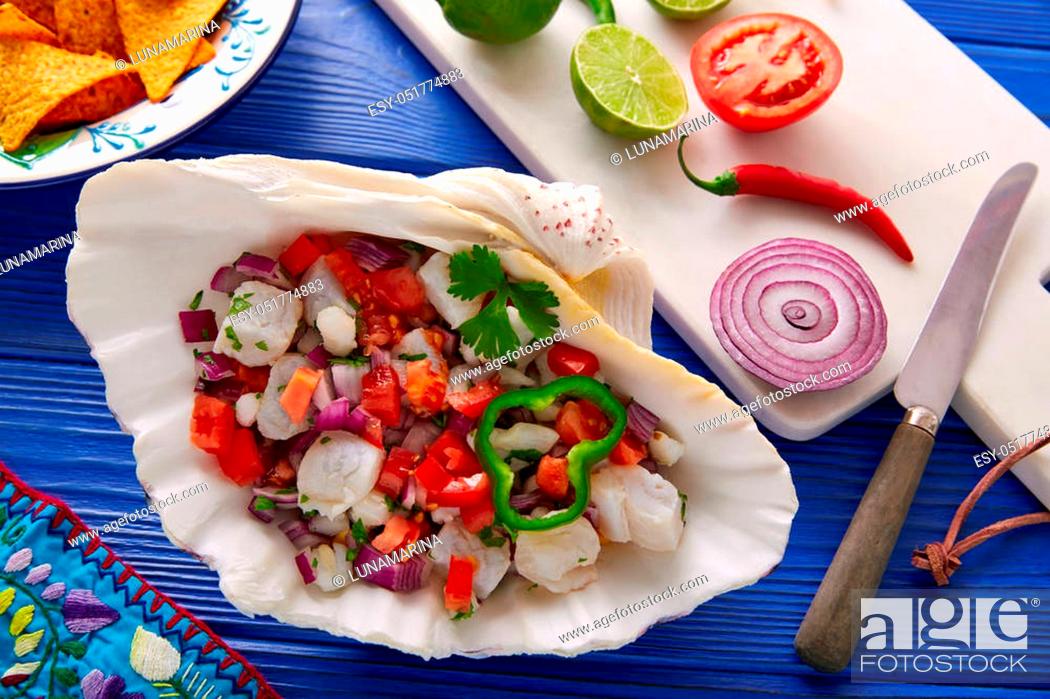 Stock Photo: Ceviche Mexican food style recipe with nachos and ingredients.