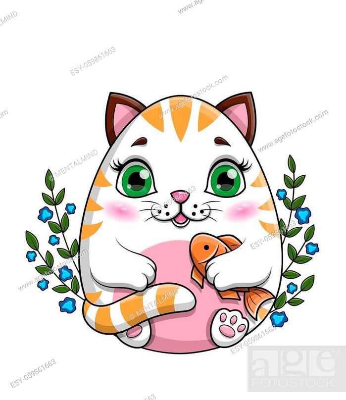 Little cartoon cat or kitty with large green eyes clutching a fish sitting  amongst spring flowers, Stock Vector, Vector And Low Budget Royalty Free  Image. Pic. ESY-059861663 | agefotostock