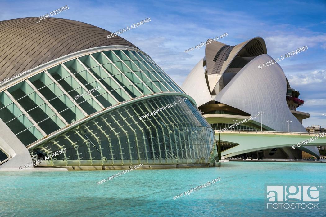 Stock Photo: In the foreground Hemisferic. In the background Queen Sofia Arts Palace. City of Arts and Sciences . Architect Santiago Calatrava. Valencia.