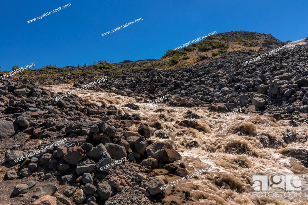 Stock Photo: The raging brown waters of a branch of Muddy Fork Creek coming off Lyman Glacier on Mt. Adams viewed from the Highline Trail, Mt.