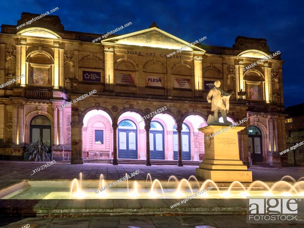 Stock Photo: Floodlit Art Gallery and Fountain in Exhibition Square at Dusk in York Yorkshire England.