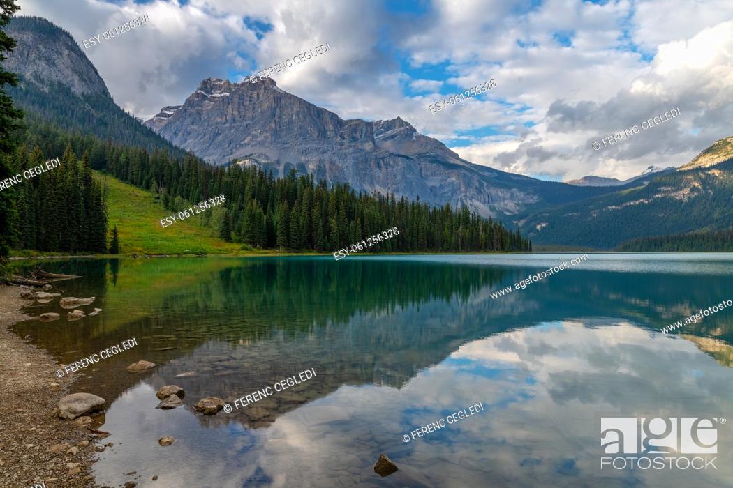 Stock Photo: Reflecting mountains in the Emerald Lake in Yoho National Park, British Columbia, Canada.