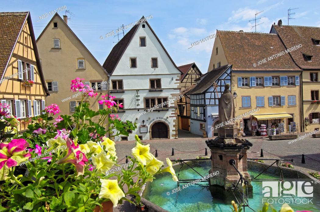 Stock Photo: Place du Chateau, Eguisheim, Alsace Wine Route, Haut-Rhin, Alsace, France, Europe.