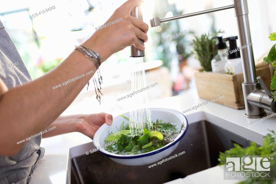 Stock Photo: Woman washing salad greens and herbs at kitchen sink.