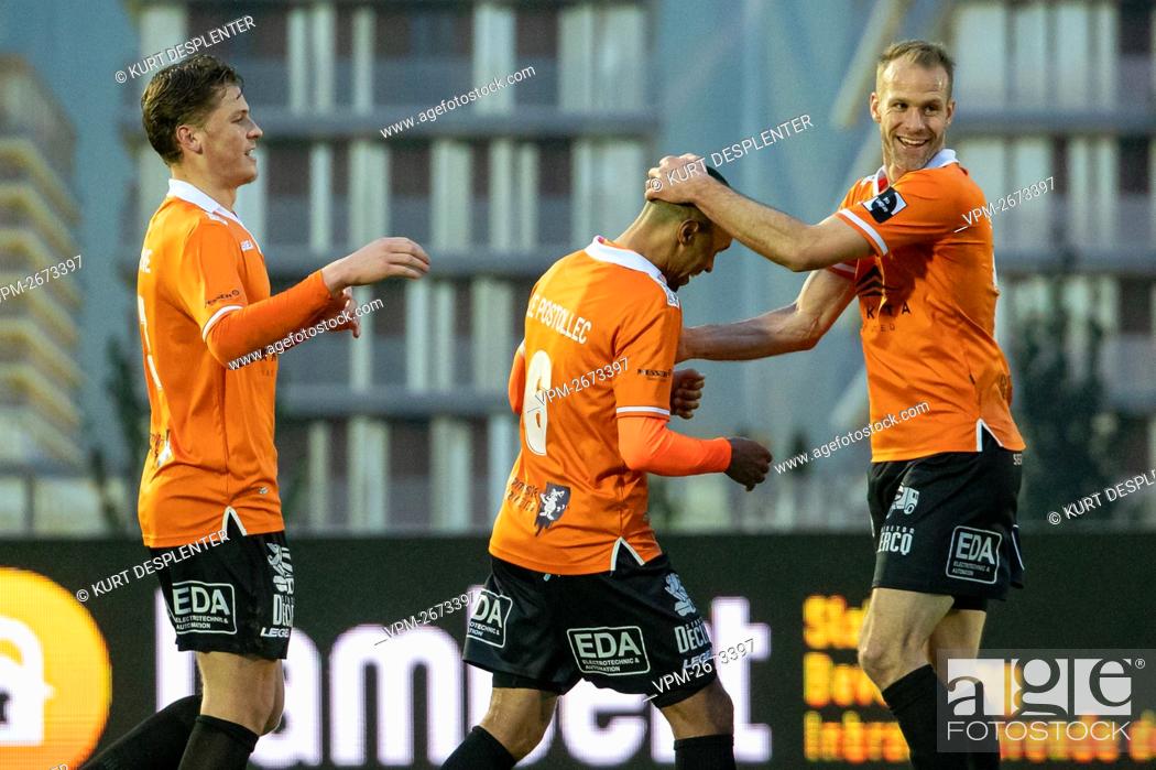 Stock Photo: Deinze's Flavien Le Postollec celebrates after scoring during a soccer match between KMSK Deinze and RWDM, Thursday 18 March 2021 in Deinze.