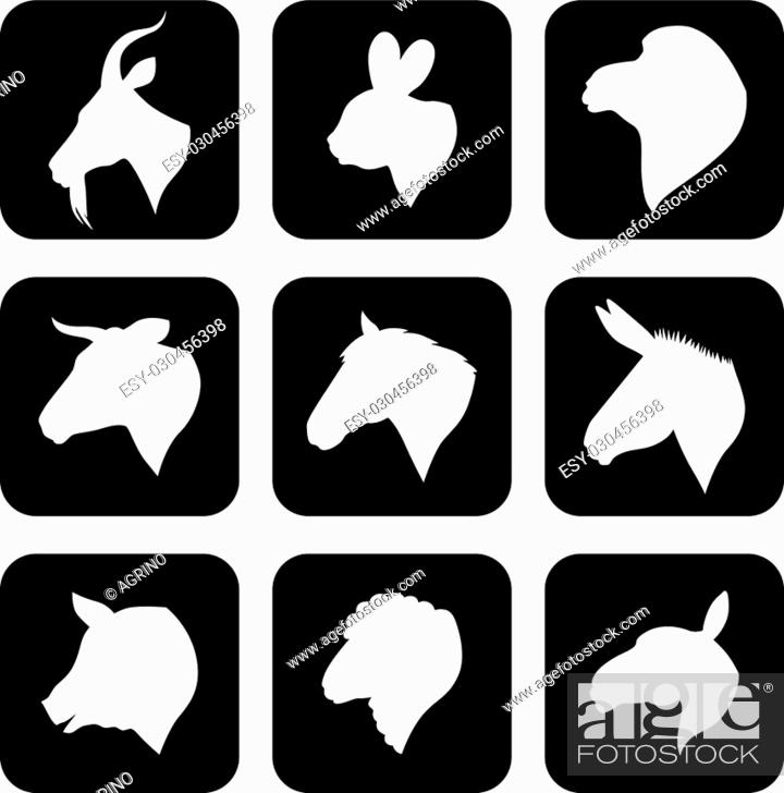 Vector illustrations of icon farm animals heads silhouettes set on black  background, Stock Vector, Vector And Low Budget Royalty Free Image. Pic.  ESY-030456398 | agefotostock