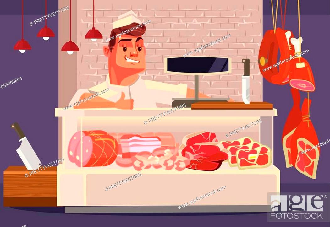 Happy smiling sales man butcher offering fresh meat. Vector flat cartoon  illustration, Stock Vector, Vector And Low Budget Royalty Free Image. Pic.  ESY-053300604 | agefotostock