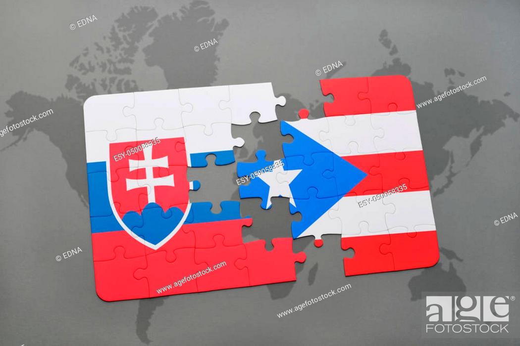 Imagen: puzzle with the national flag of slovakia and puerto rico on a world map background. 3D illustration.
