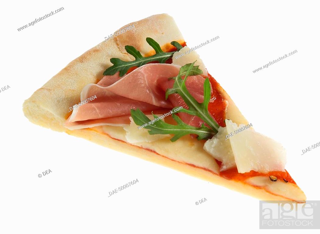 Stock Photo: Cuisine - A slice of pizza topped with salt-cured ham, arugola leaves (roquette), parmesan cheese flakes.