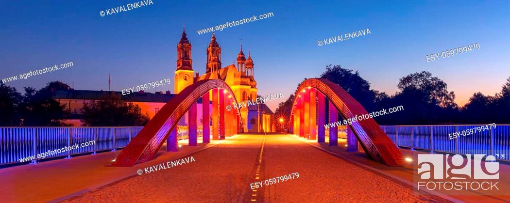 Stock Photo: Panorama of Bishop Jordan Bridge over Cybina River and Poznan Cathedral at gorgeous sunset, Poznan, Poland.
