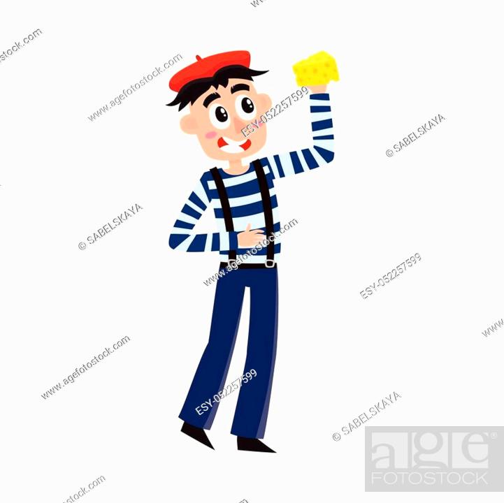 vector flat cartoon man holding cheese wearing long sleeve striped tshirt  felt beret, Stock Vector, Vector And Low Budget Royalty Free Image. Pic.  ESY-052257599 | agefotostock