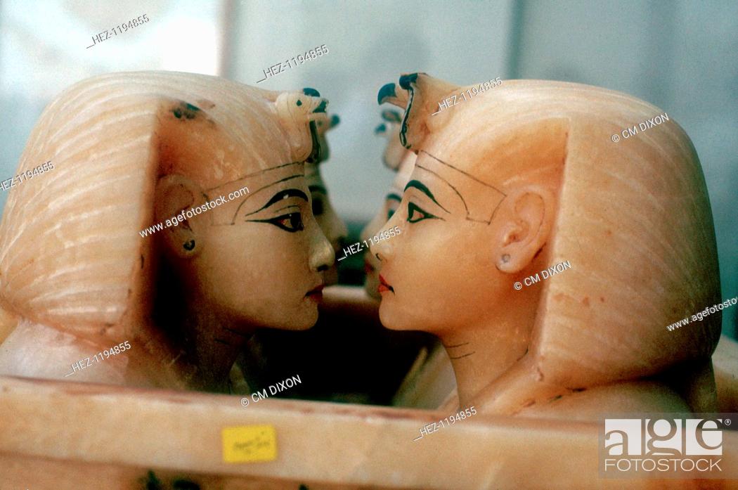 Stock Photo: Canopic Jars from the Tomb of Tutankhamun. The heads represent the four protective goddesses Isis, Nephthys, Selket and Neith.