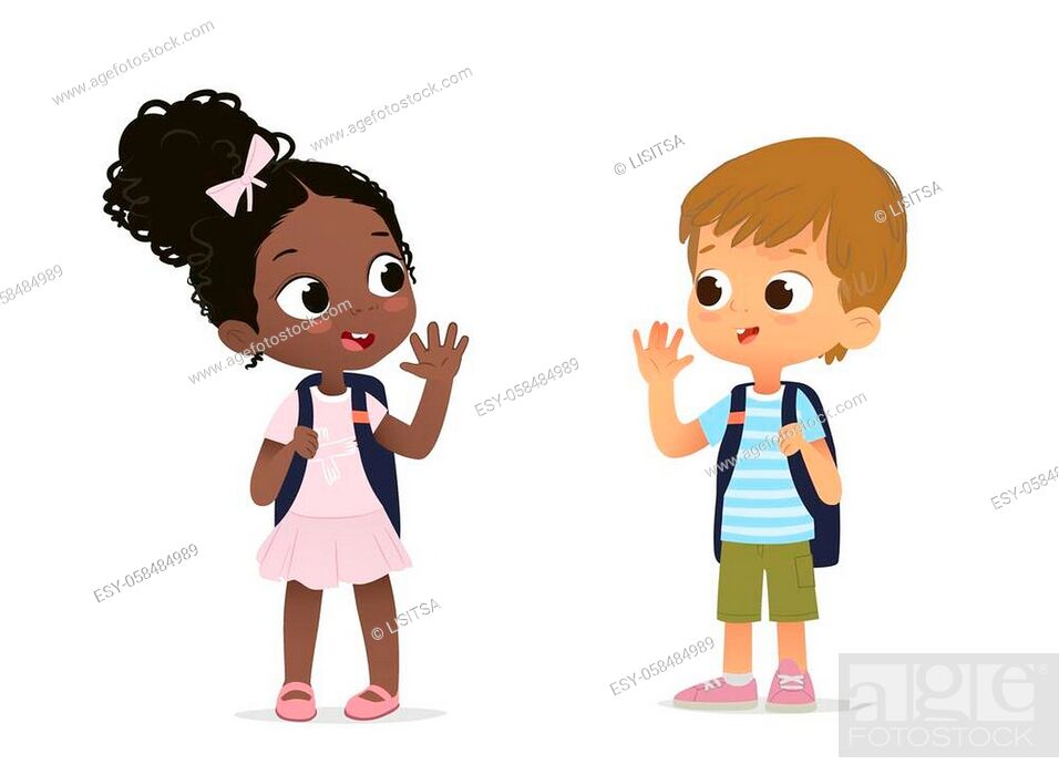African American Girl with the backpack saying goodbye to Caucasian Boy,  Stock Vector, Vector And Low Budget Royalty Free Image. Pic. ESY-058484989  | agefotostock