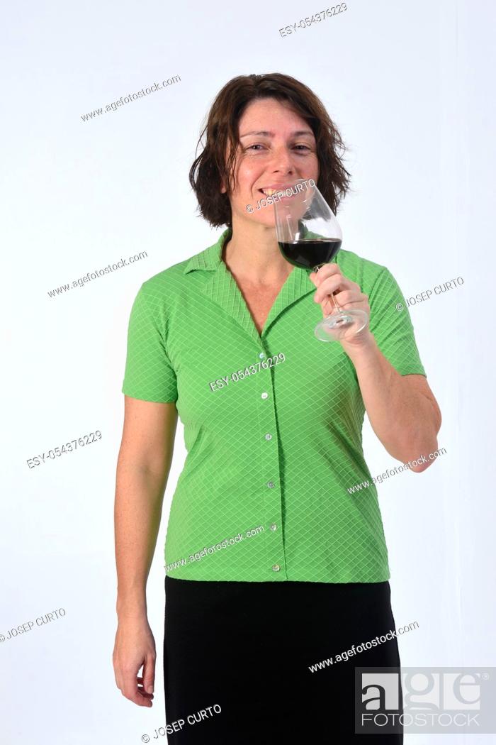Stock Photo: woman with a coup of red wine on white background.