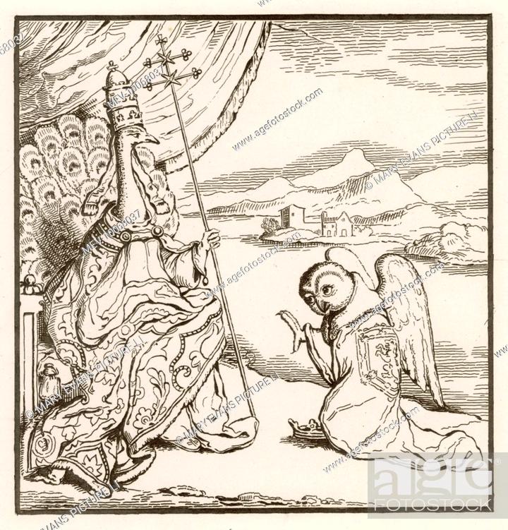 Stock Photo: JAMES II OF SCOTLAND caricatured as an owl, kneeling to the Pope who is depicted as a peacock.