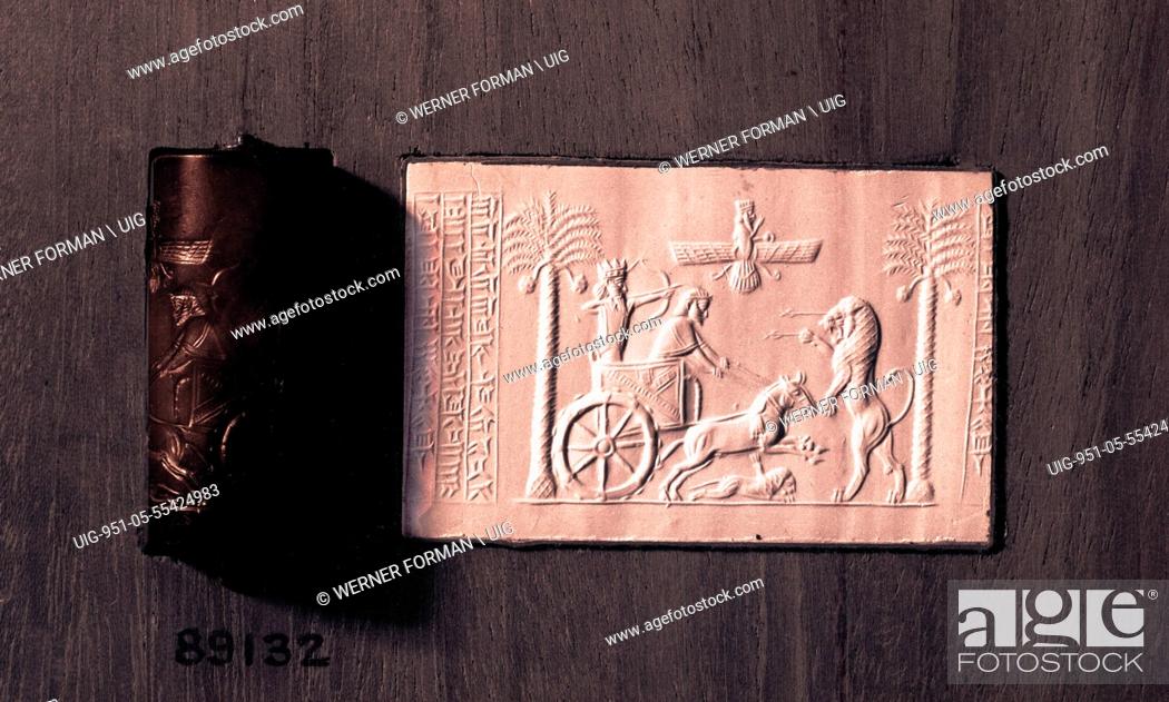 Stock Photo: Cylinder seal and impression depicting the Great King Darius in a chariot hunting lions.