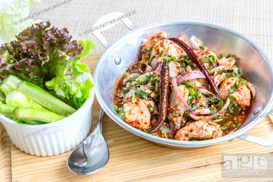 Stock Photo: Thai Style Spicy Salmon salad with fresh vegetable.