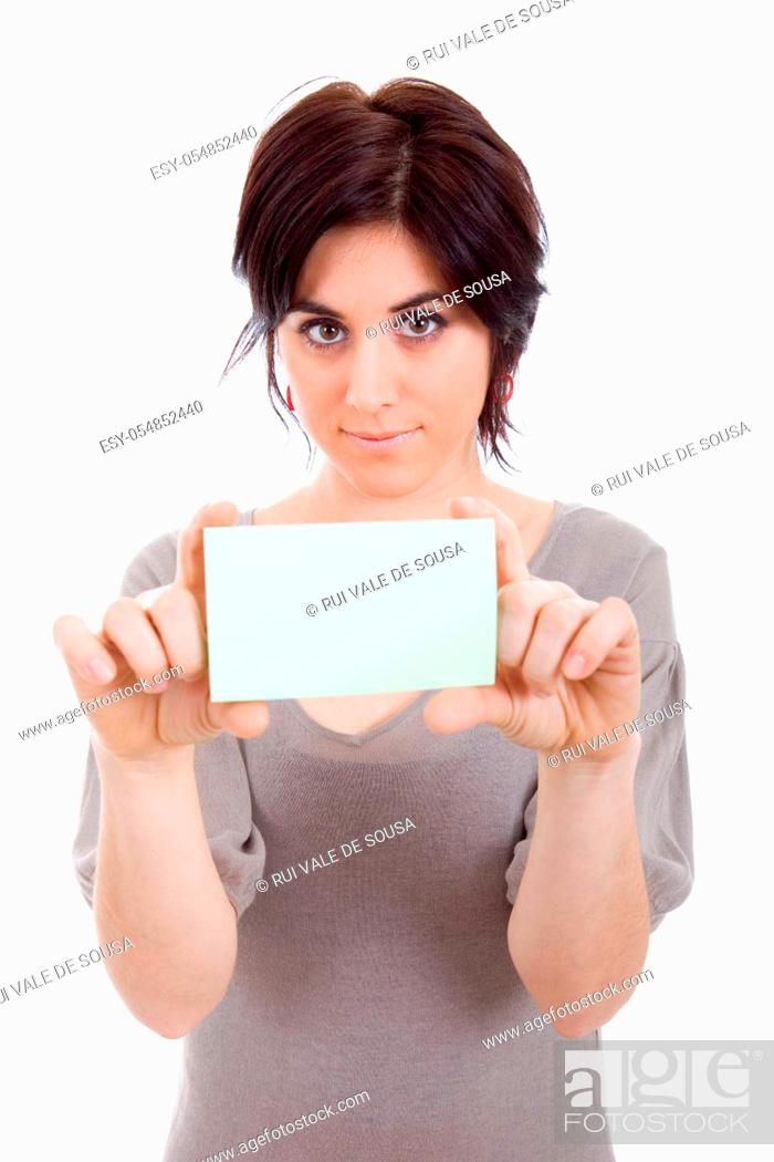 Stock Photo: young beautiful woman showing a card, isolated.