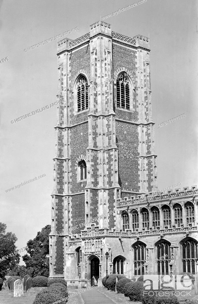 Stock Photo: ST PETER AND ST PAUL'S CHURCH, Lavenham, Babergh, Suffolk. The medieval church of St Peter and St Paul. Its 141 foot tower was constructed from knapped flint.