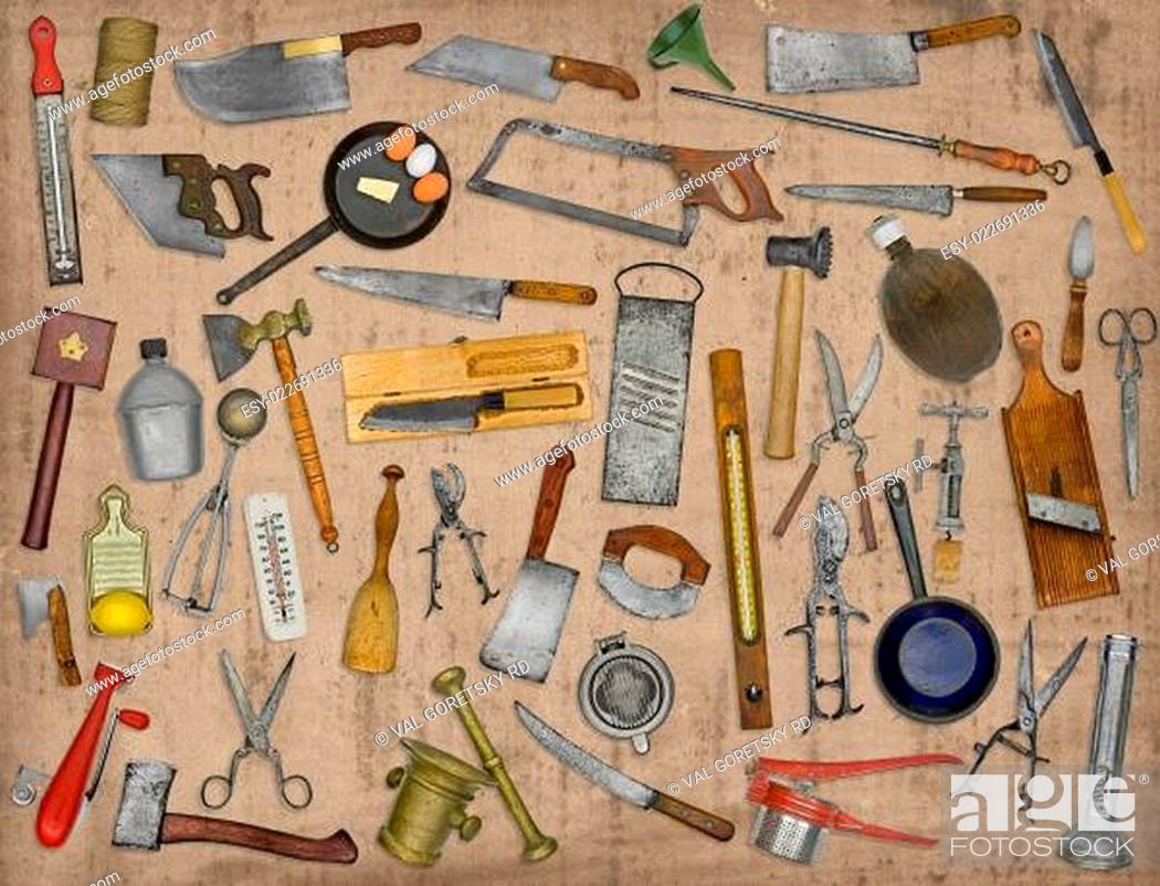 Stock Photo: vintage kitchen utensils collage.