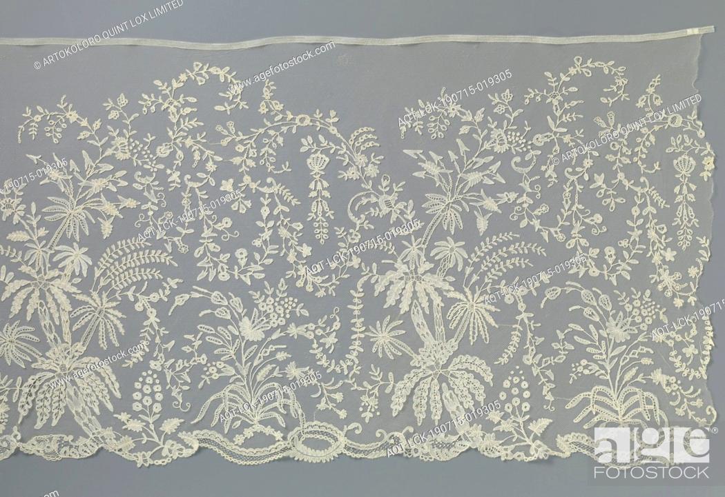 Stock Photo: Fringes of application lace with palm tree, Fringes of natural colored application lace, bobbin lace with some details in needle lace appliqué on machine tulle.