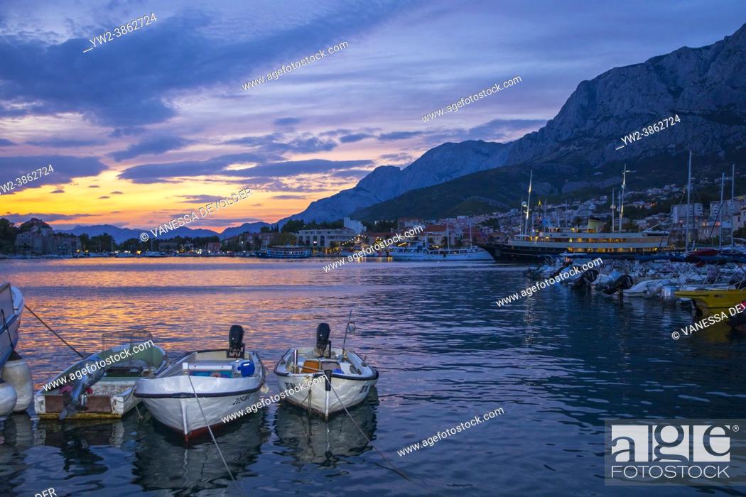 Stock Photo: Boats in the harbour of Makarska in the evening. Split-Dalmatia, Croatia, Europe.