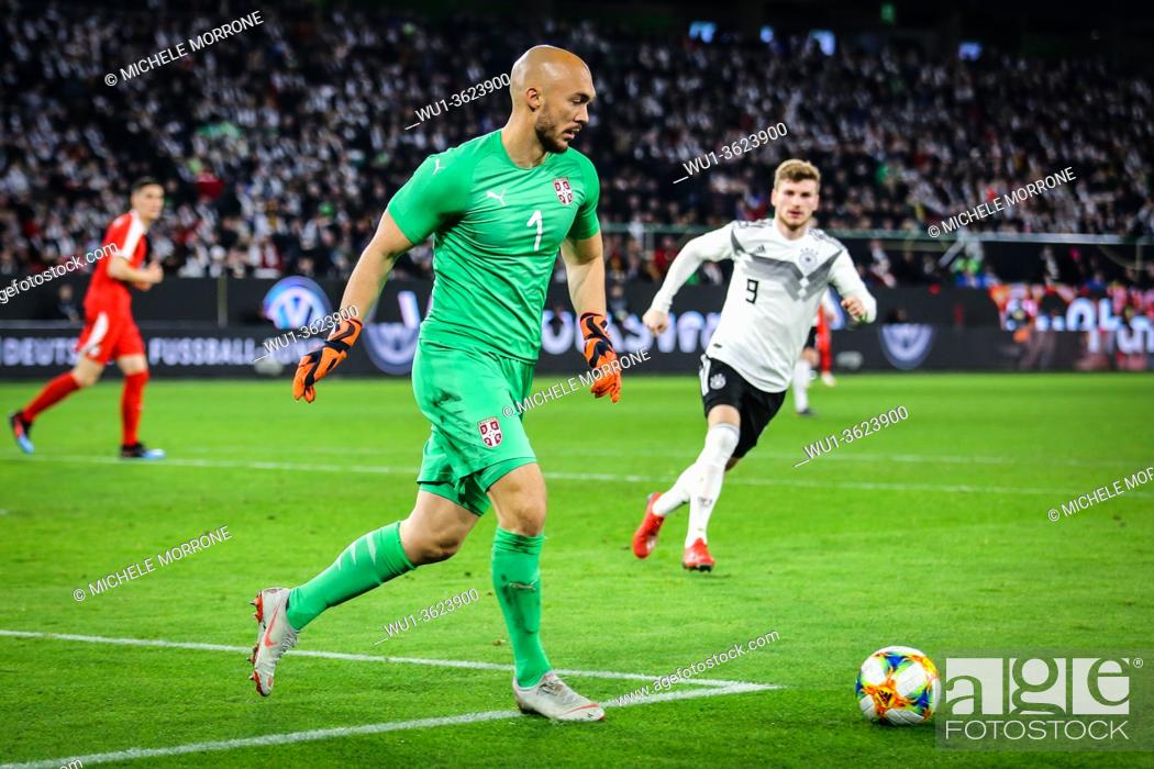 Stock Photo: Wolfsburg, Germany, March 20, 2019: Serbia national team goalkeeper Marko Dmitrovic in action during the international friendly game between Germany and Serbia.